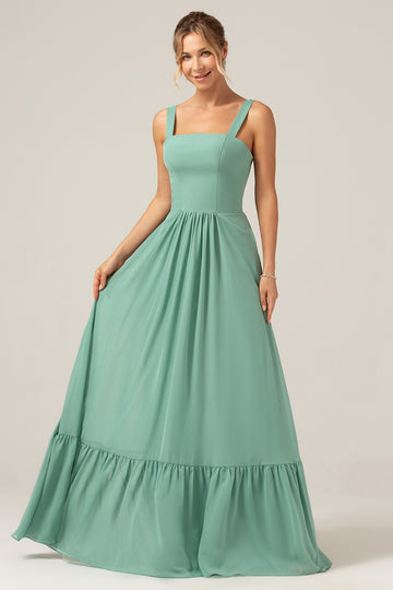 A Line Eucalyptus Chiffon Long Bridesmaid Dress with Pleated
